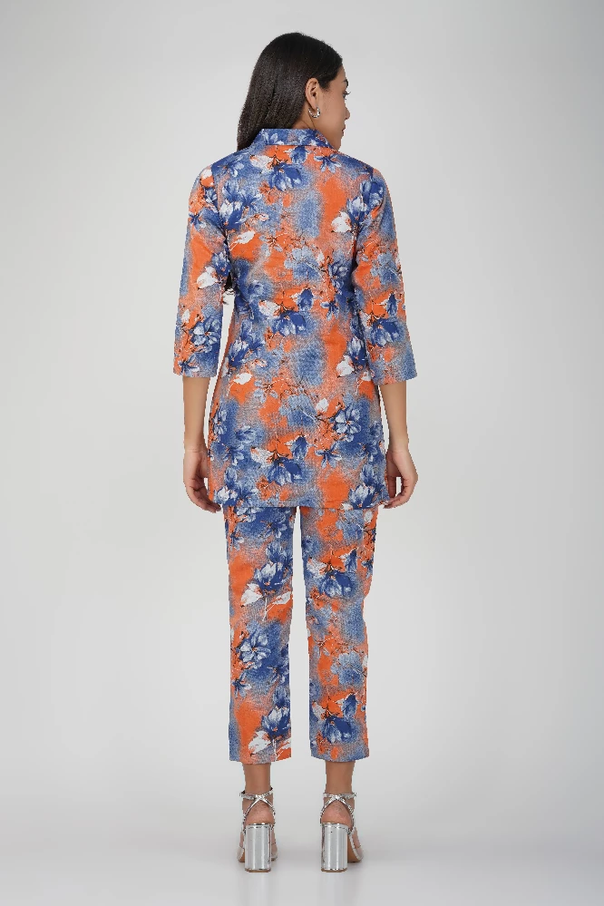 Blue with Orange Print Cotton Co-ord Set-4.webp